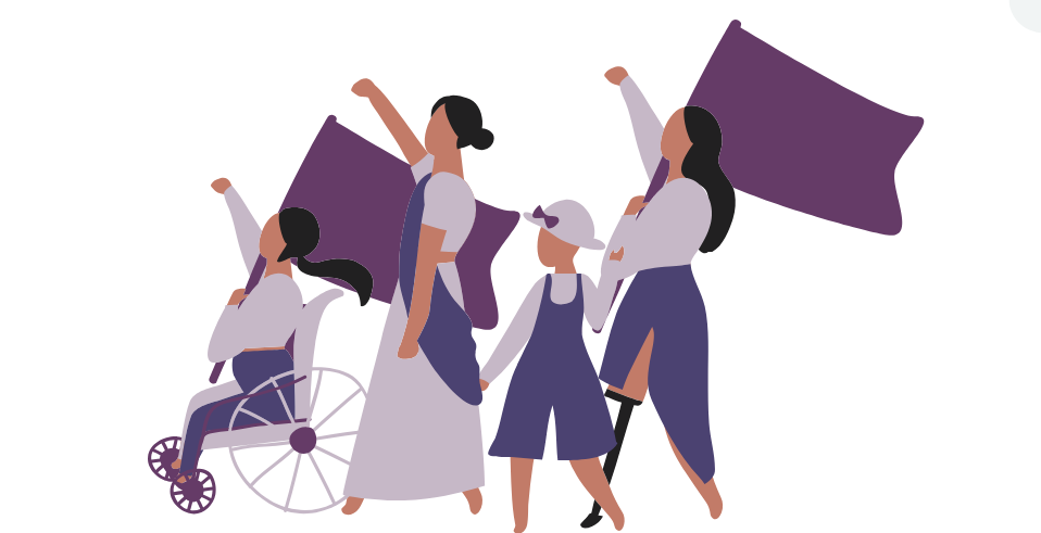 Illustration of women marching with flags